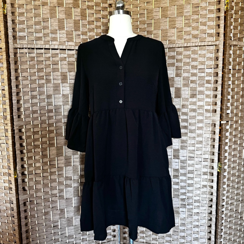 NWT solid black R&K tiered popover dress 4 - Picture 3 of 14